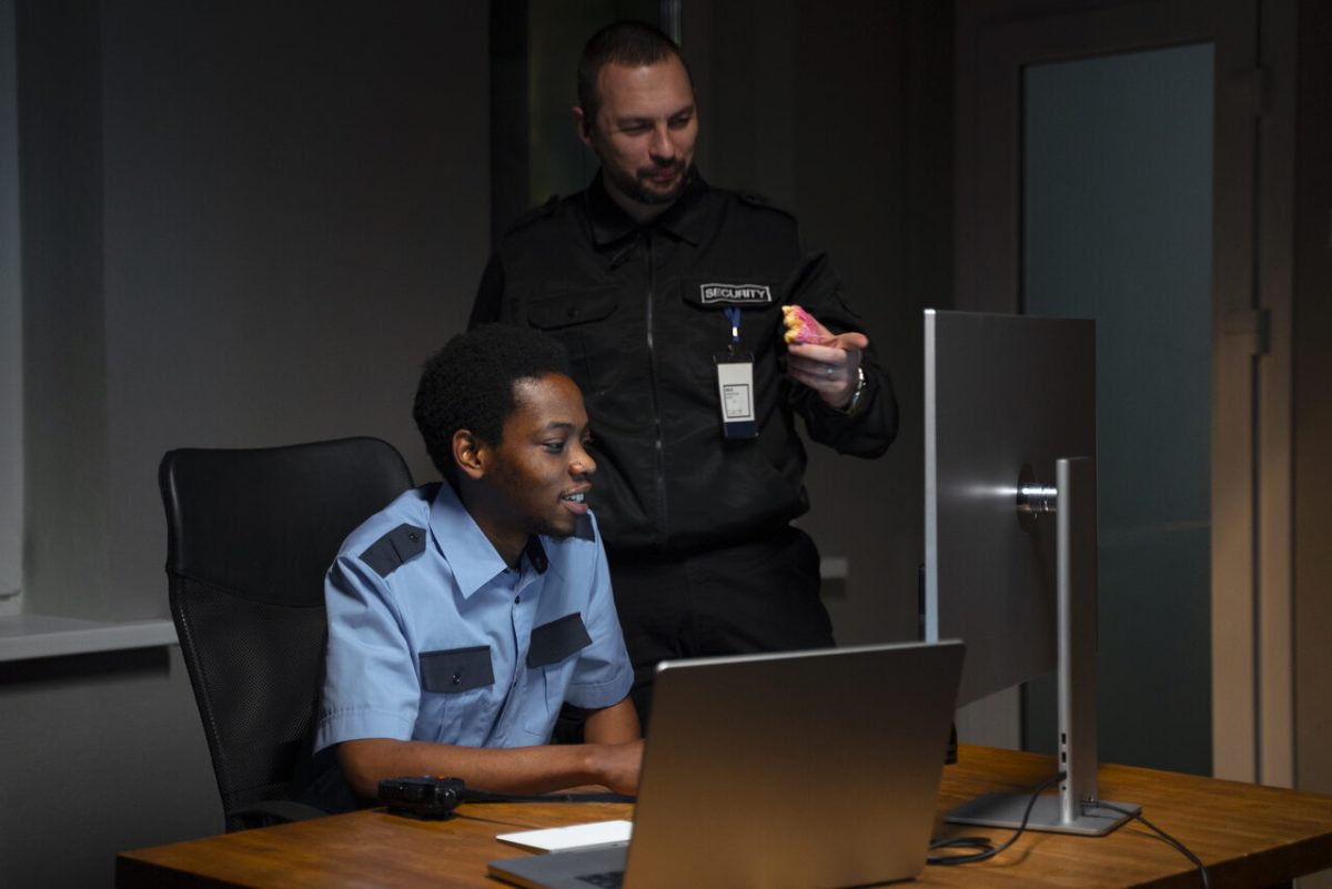 Dois homens em sala de segurança com computadores e uniforme