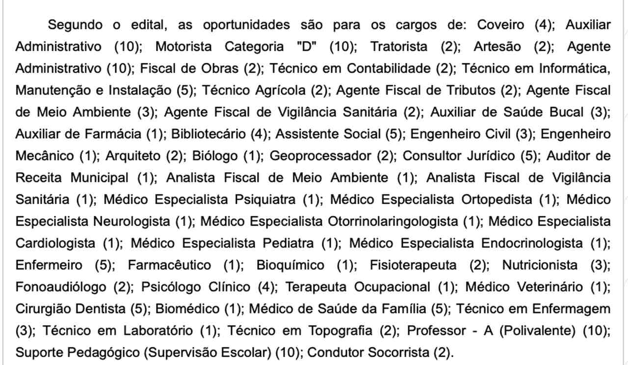 Lista de vagas e oportunidades concurso prefeitura de Conde 2024 