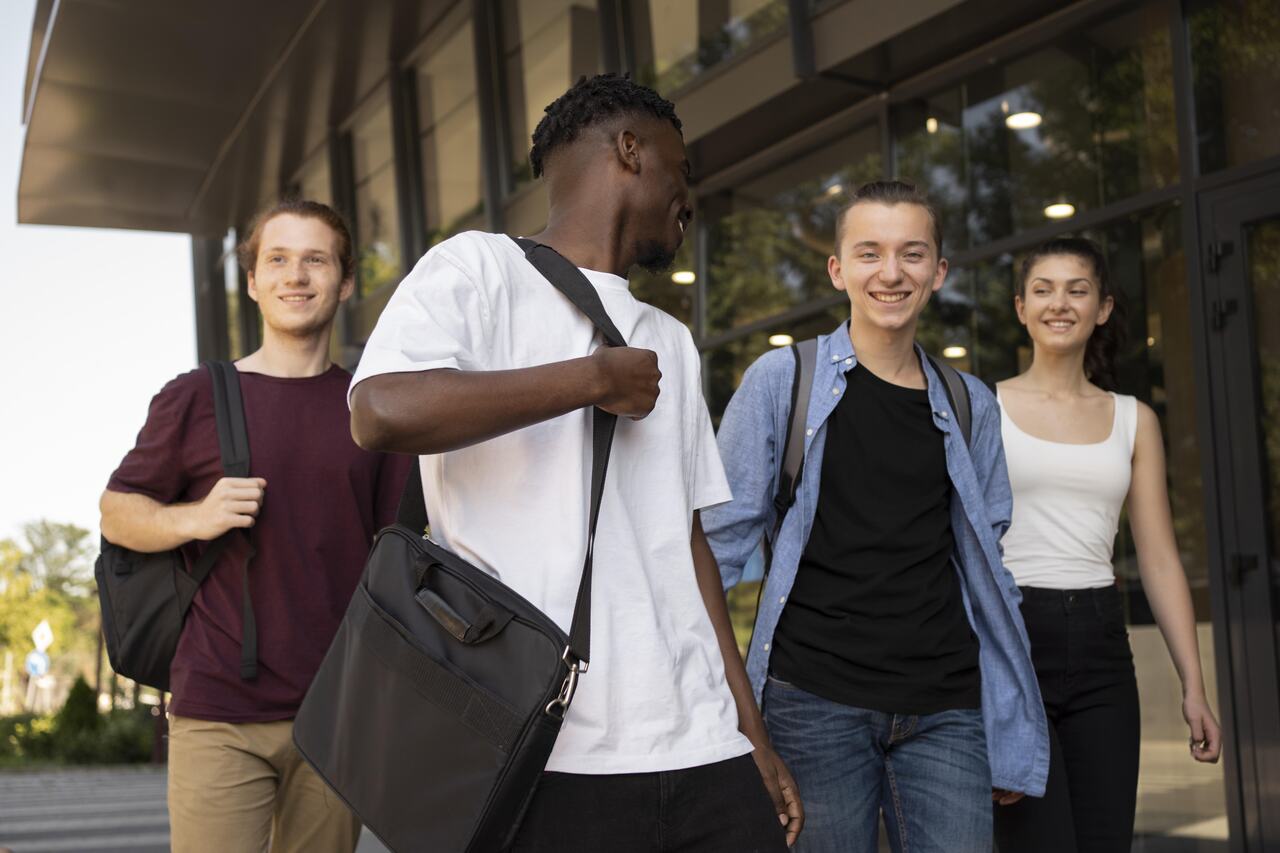 Grupo com 4 jovens saindo de faculdade com mochilas 
